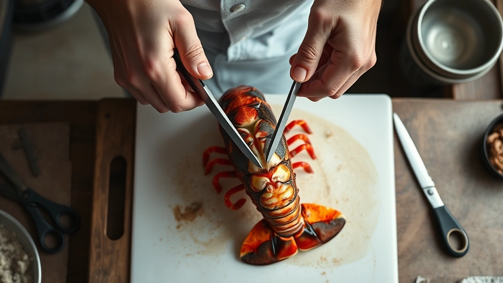 how to boil lobster tails -
photorealistic overhead shot of hands using kitchen shears to cut lengthwise sl
