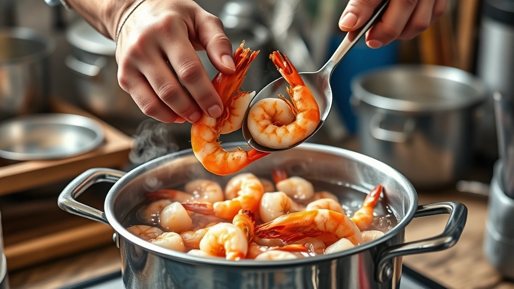 how to boil shrimp -
photorealistic hands carefully removing boiled shrimp from pot of boiling water