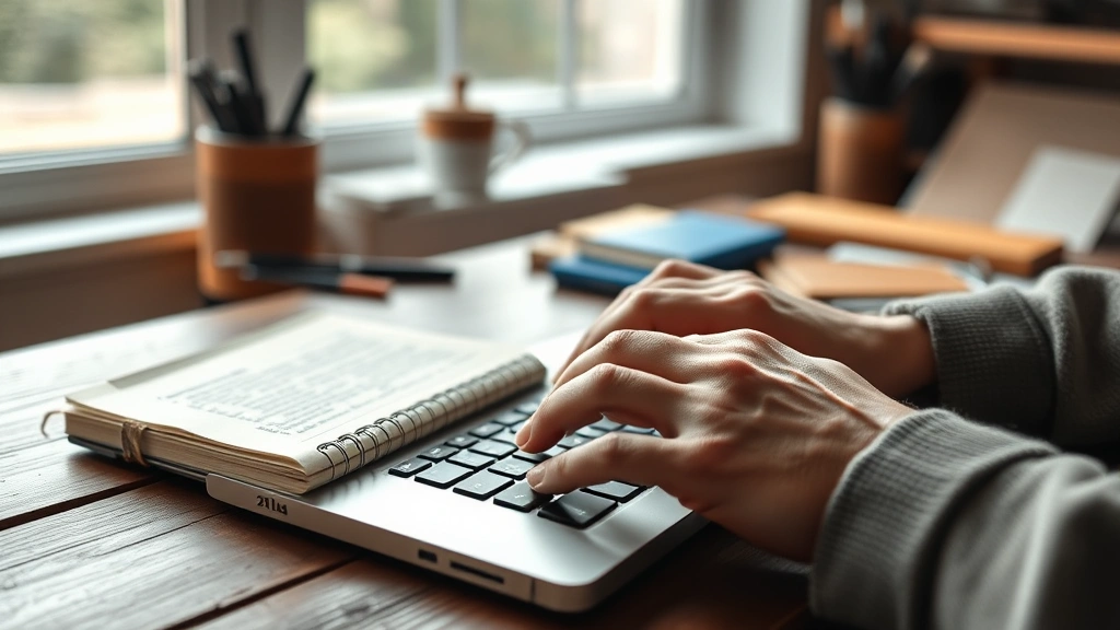 how to brand as a writer online -
Photorealistic hands typing on laptop keyboard with a notepad nearby, close-up 