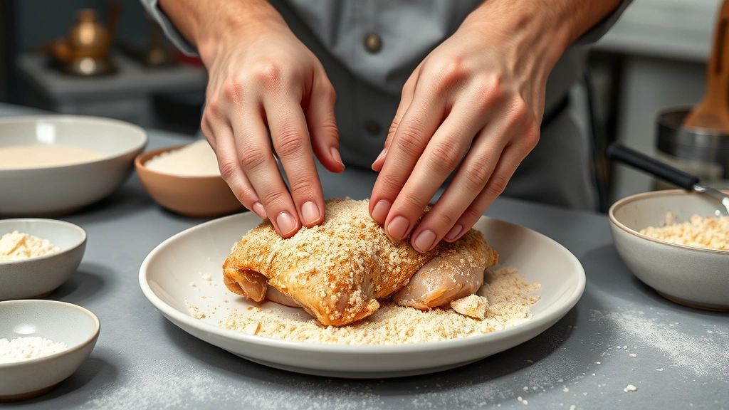 how to bread chicken -
Photorealistic hands pressing breaded chicken into panko breadcrumbs on a shall
