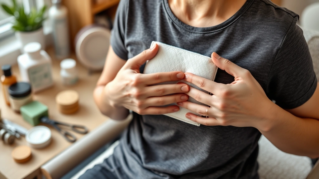 how to break up chest congestion -
photorealistic hands applying warm compress to chest area, person sitting uprig