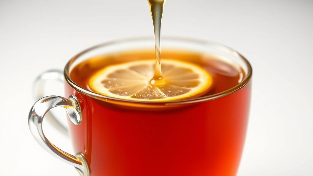how to break up chest congestion -
photorealistic close-up of warm tea cup with honey drizzle and fresh lemon slic