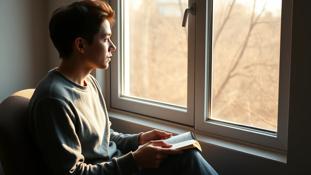 how to break up with someone you love -
photorealistic image of a person sitting alone looking thoughtful by a window, 
