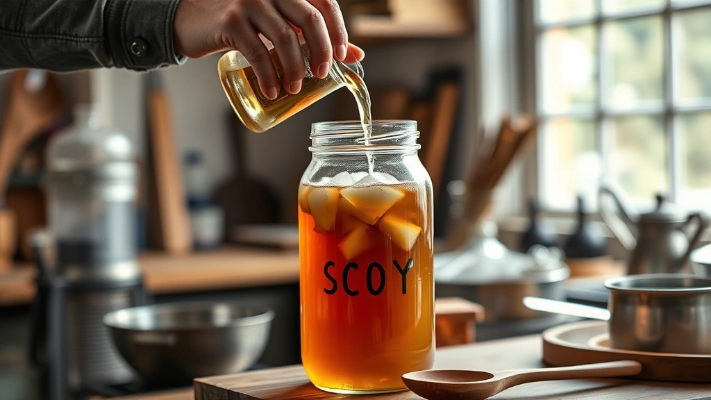 how to brew kombucha -
Photorealistic hands pouring cooled tea into glass fermentation jar with SCOBY 