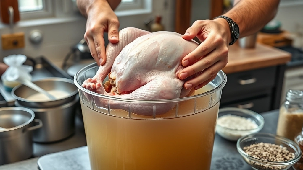 how to brine a turkey -
Photorealistic hands submerging raw turkey into large bucket of clear brine liq