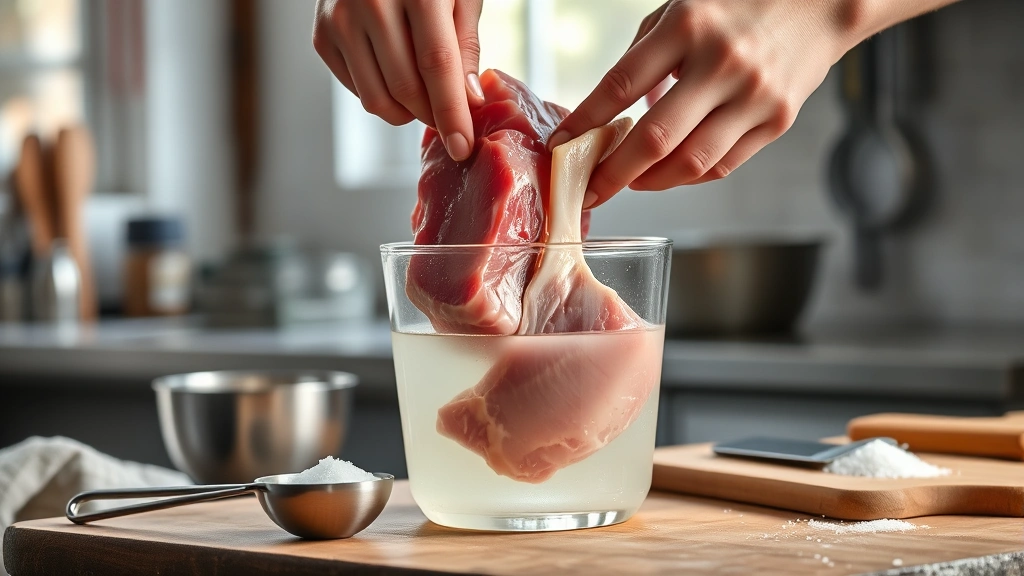 how to brine pork chops -
photorealistic hands placing raw pork chops into clear glass container with bri