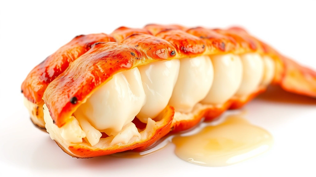 how to broil lobster tails -
photorealistic close-up macro of broiled lobster meat cooked to opaque white pe