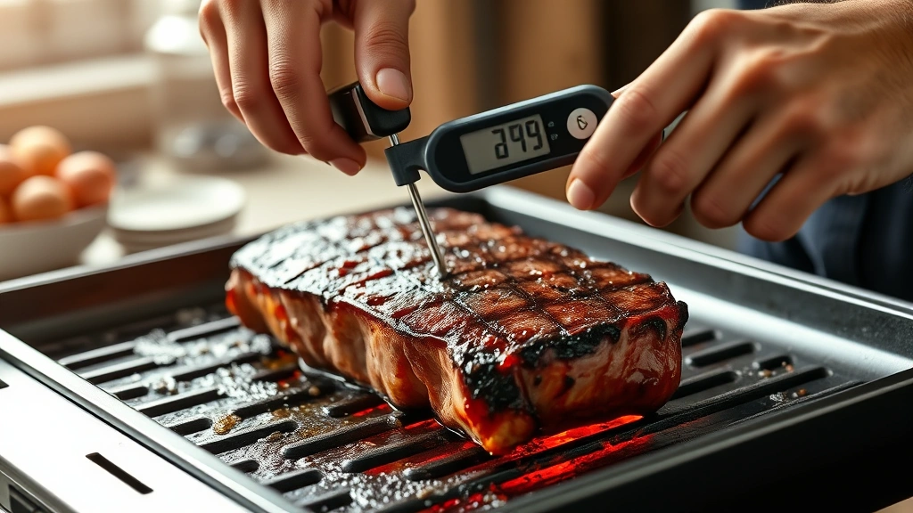 how to broil steak -
Photorealistic hands using instant-read meat thermometer inserted into thick st