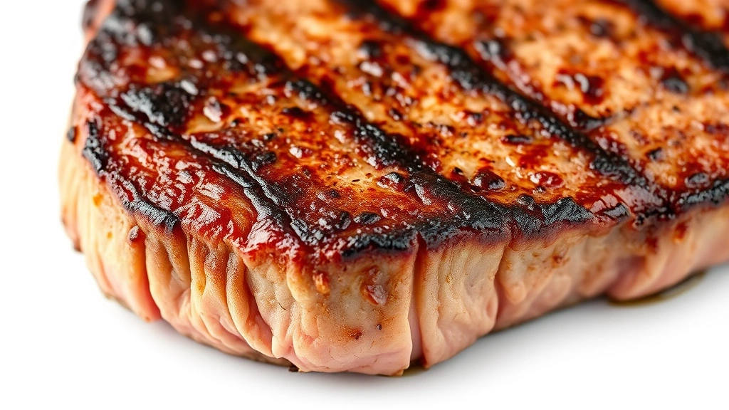 how to broil steak -
Photorealistic close-up macro photography of broiled steak surface showing cara