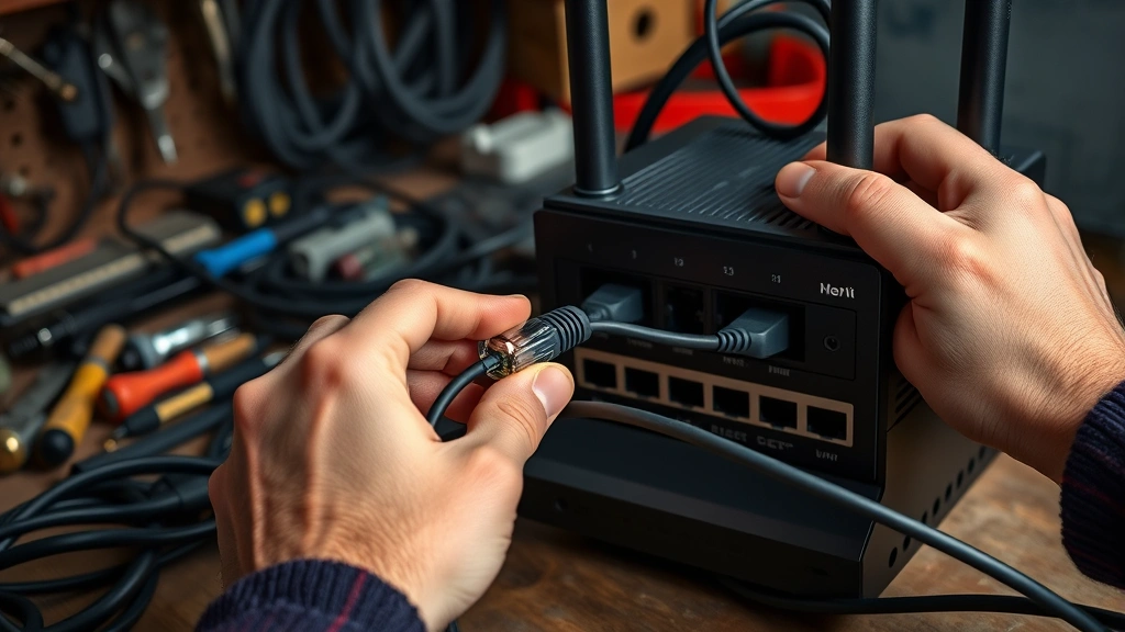 how to build a gaming network at home -
Photorealistic hands installing Ethernet cable into gaming router, workshop set