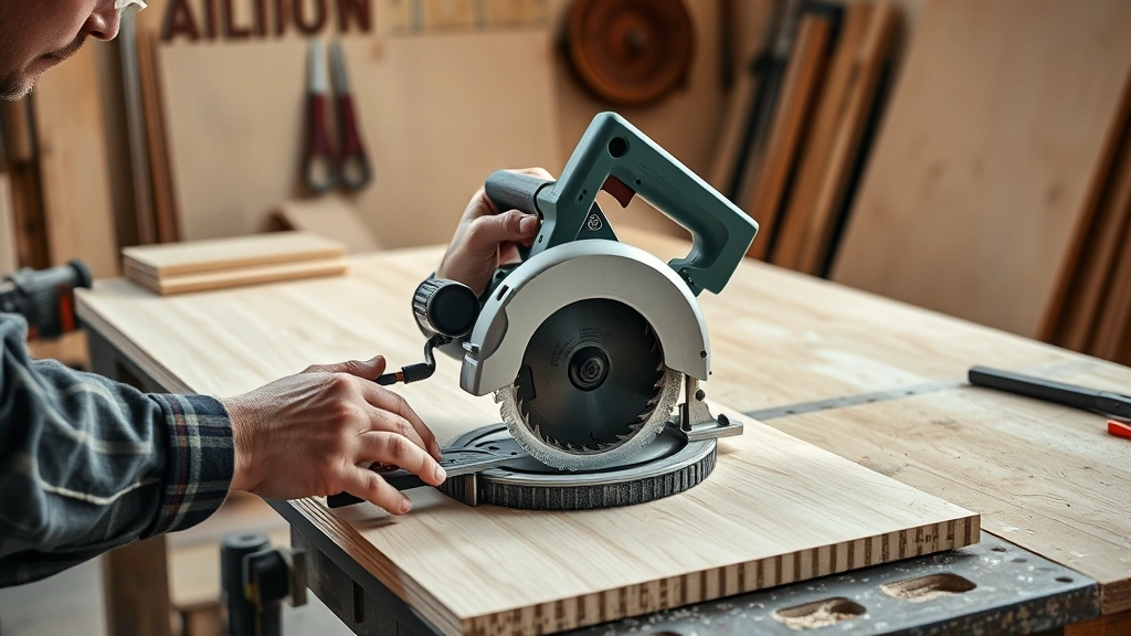 how to build cabinets -
Photorealistic hands using circular saw to cut plywood sheet in workshop, measu