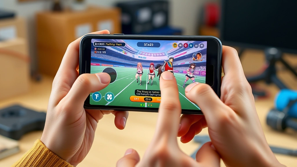 how to build uma musume -
Photorealistic hands holding a mobile phone showing Uma Musume Pretty Derby gam