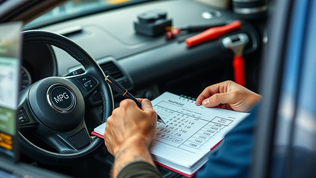 how to calculate mpg -
Photorealistic hands working scene showing someone writing MPG calculations in 