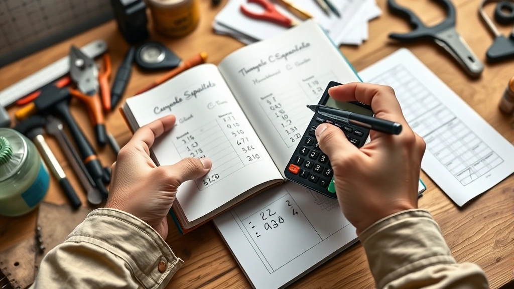 how to calculate percentage difference -
Photorealistic hands holding a calculator and pen, pointing at notebook with co