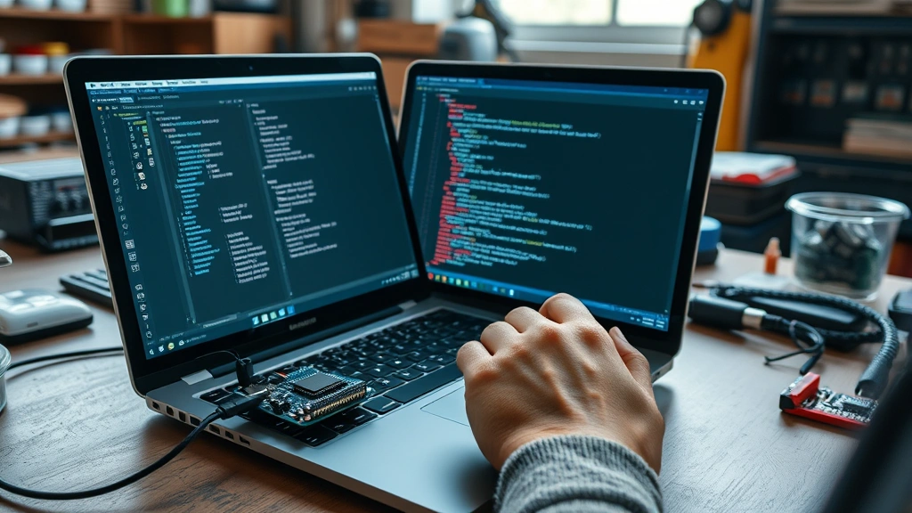 how to call lfs_dir_read in arduino -
Photorealistic hands of developer working on Arduino sketch in IDE on laptop sc