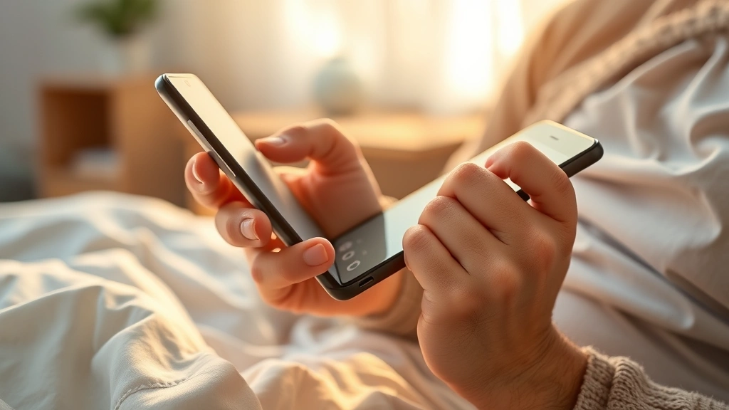 how to call out of work -
Photorealistic close-up of hands holding phone dialing, person in bed or on cou
