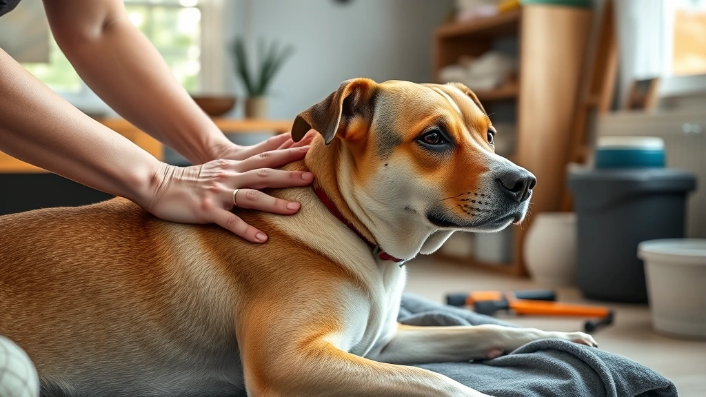 how to calm a panting dog -
Photorealistic hands gently massaging a relaxed dog’s shoulders in a cool