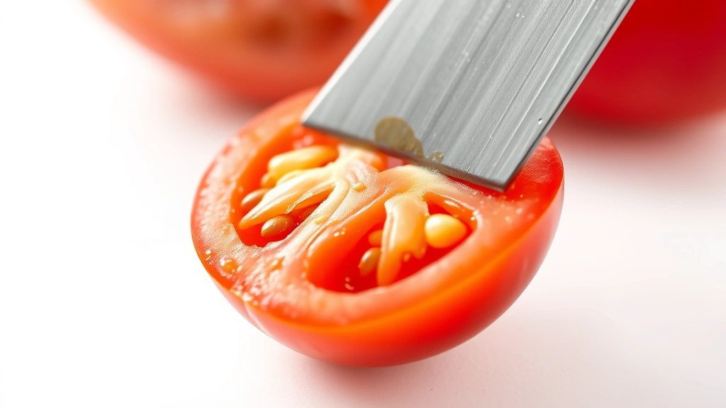 how to can tomatoes -
photorealistic close-up macro photography, freshly peeled tomato being cut in h