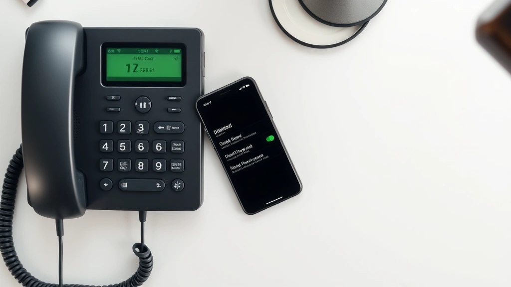 how to cancel call forwarding -
Photorealistic overhead shot of smartphone on desk next to landline phone, both
