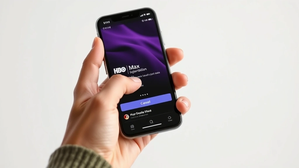how to cancel hbo max -
Photorealistic close-up of hands holding smartphone with HBO Max app open on sc