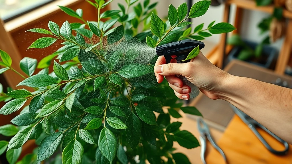 how to care for a money tree -
Photorealistic hands gently misting money tree leaves with spray bottle in brig