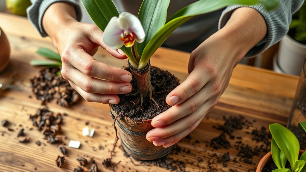 how to care for orchids -
Photorealistic hands carefully repotting an orchid into fresh bark medium, clos