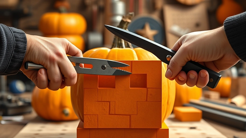 how to carve a pumpkin in minecraft -
Photorealistic hands holding Minecraft shears approaching an orange pumpkin blo