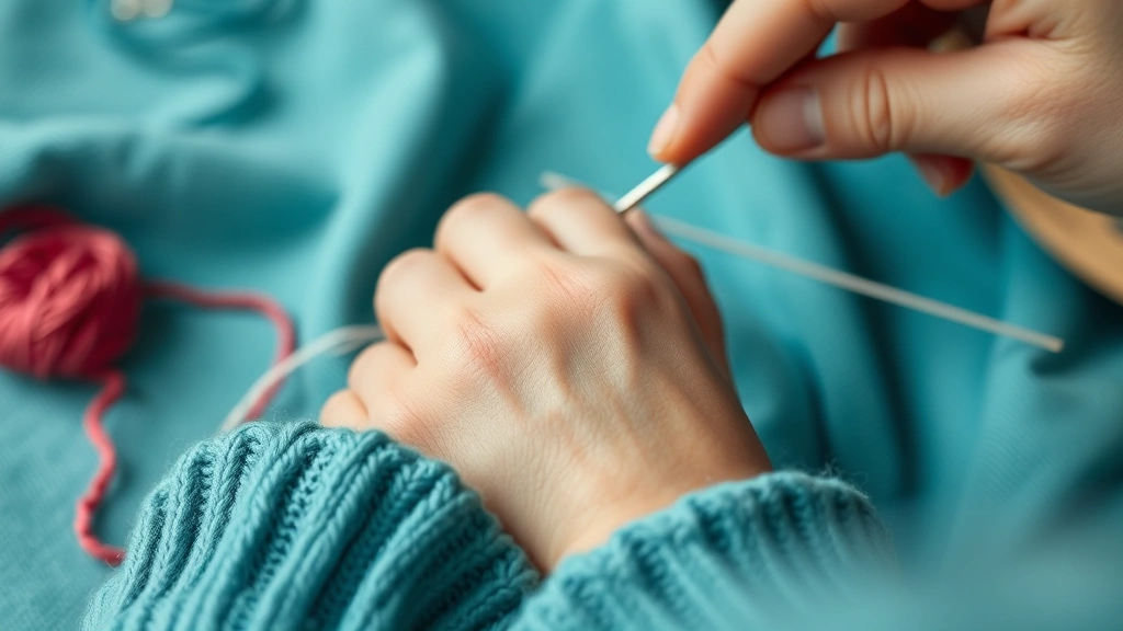 how to cast off knitting -
close focus on needle work and hand position
