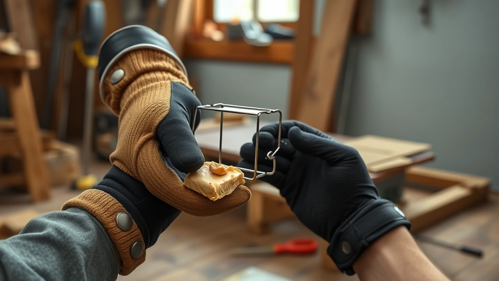 how to catch a rat -
Photorealistic hands wearing work gloves setting a snap rat trap with peanut bu