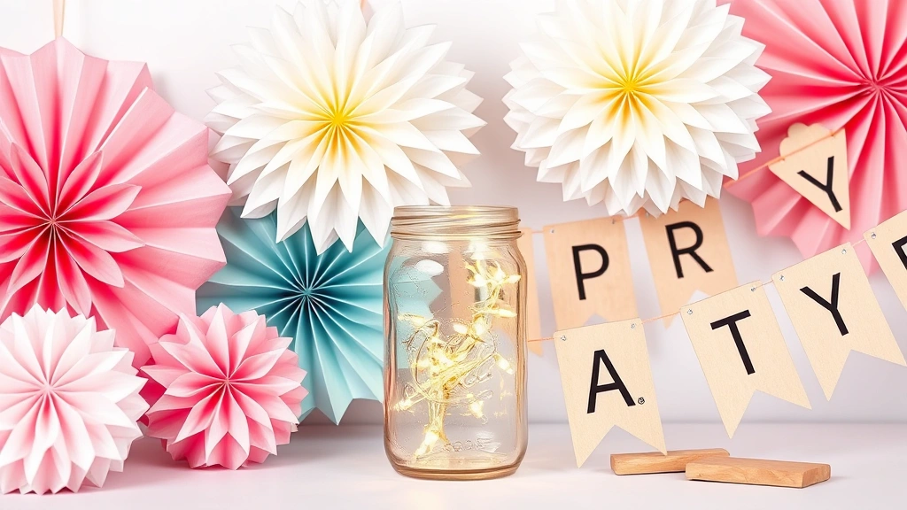 how to celebrate a birthday on a budget -
Photorealistic close-up of DIY party decorations including handmade paper pom-p