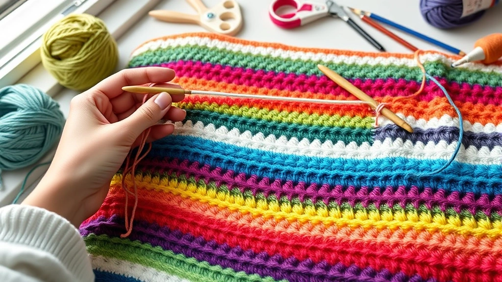 how to change colors in crochet -
Photorealistic hands working on a colorful striped crochet blanket in progress,