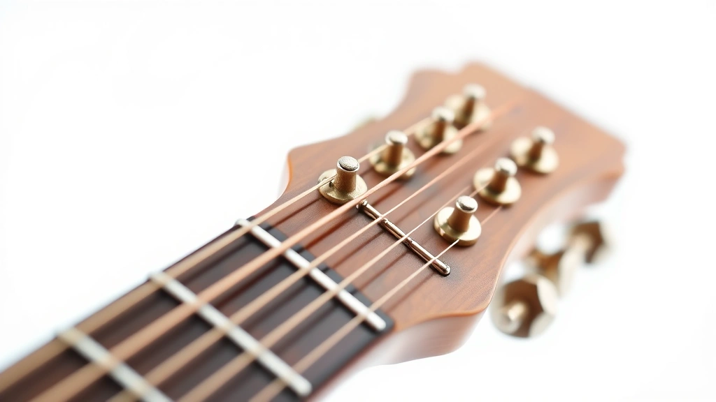 how to change guitar strings -
Photorealistic close-up macro photography of guitar bridge pins being installed