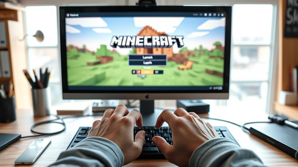 how to change mc username -
Photorealistic hands typing on keyboard with monitor displaying Minecraft launc