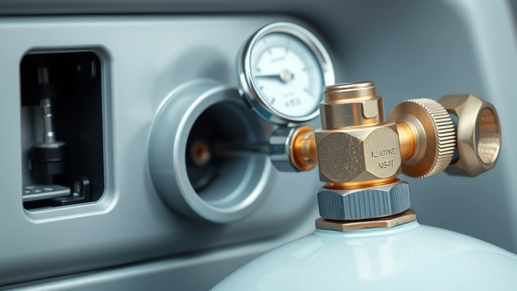 how to charge automotive air conditioning -
photorealistic close-up macro photography of AC service port connections, refri