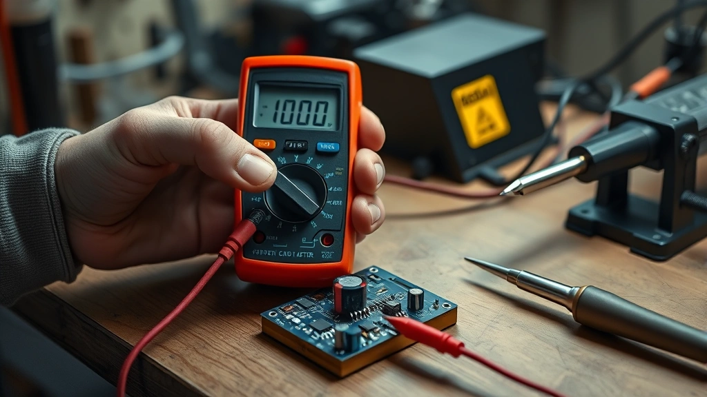 how to check a capacitor -
Photorealistic hands using a digital multimeter to test a capacitor on a circui