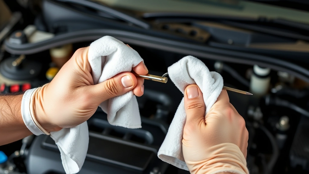 how to check car oil -
photorealistic hands working pulling and wiping a car oil dipstick in a worksho
