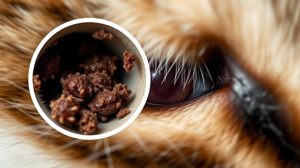 how to check for ear mites in cats -
Photorealistic close-up of dark brown ear mite debris (cerumen) visible at the 