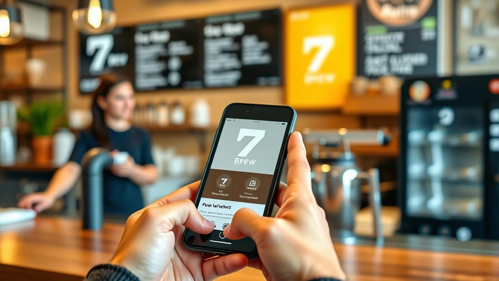 how to check my 7 brew rewards online free -
photorealistic hands holding smartphone at 7 Brew Coffee counter showing mobile