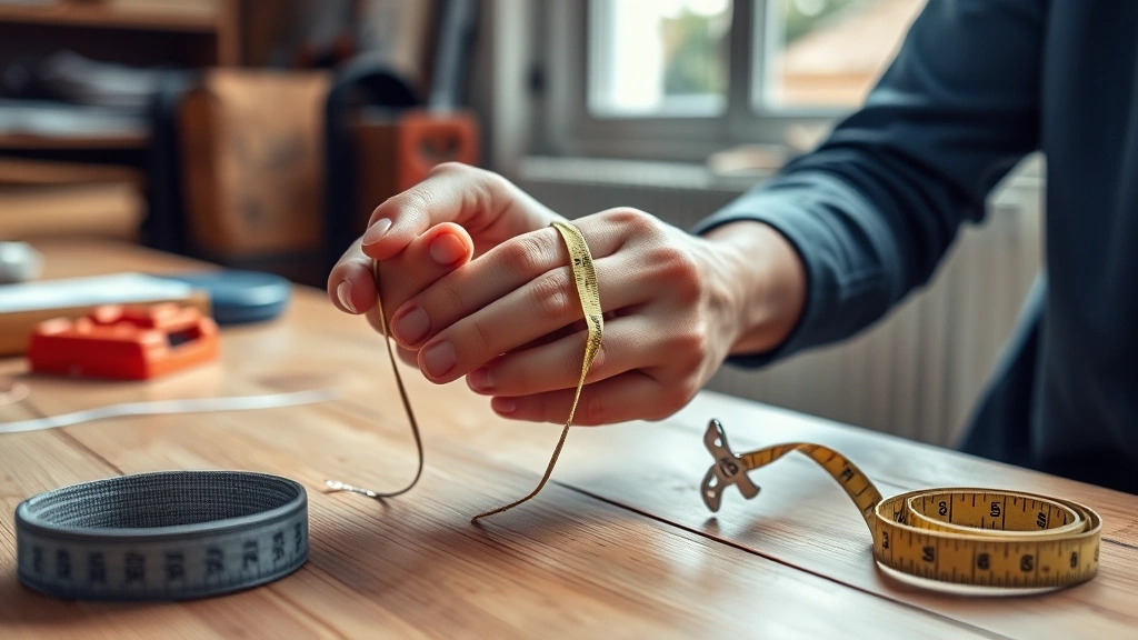 how to check my ring size -
Photorealistic hands working wrapping a measuring string around a ring finger i