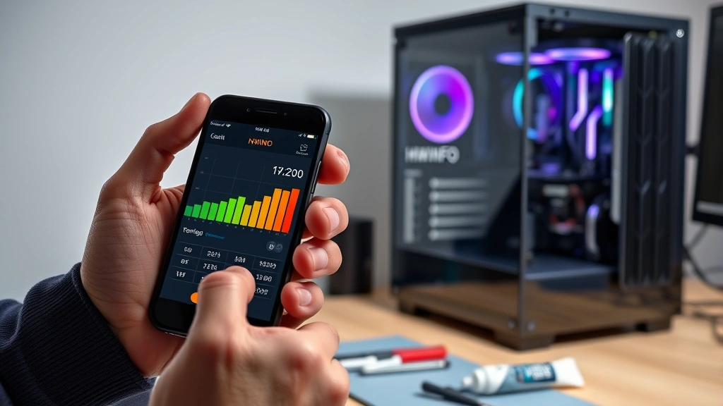 how to check pc temps -
Photorealistic hands holding smartphone displaying HWiNFO monitoring software w