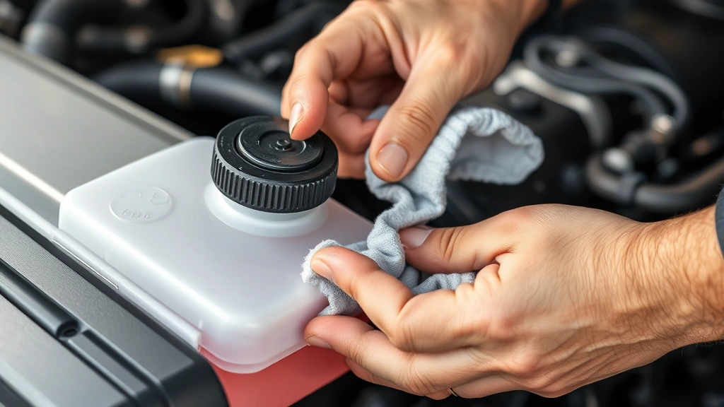 how to check power steering fluid -
mechanic’s hands removing the reservoir cap and wiping the dipstick with