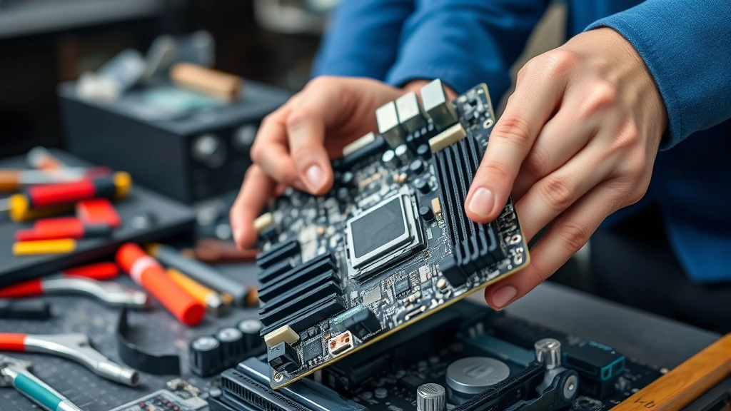 how to check what mobo i have -
photorealistic close-up of hands holding a motherboard during installation, wor