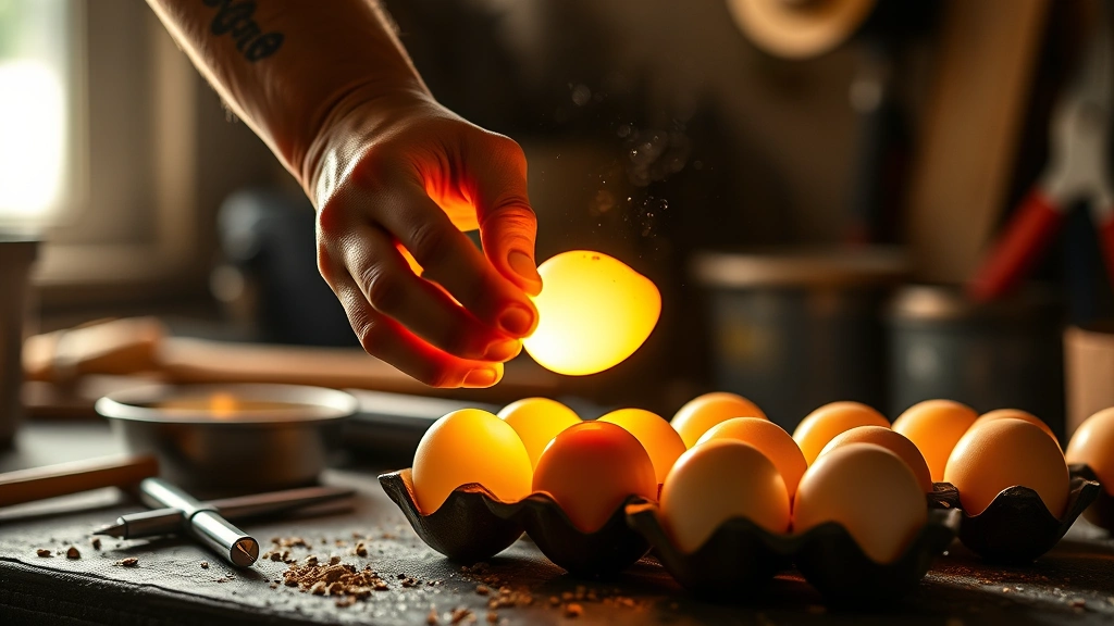 how to chicken eggs become fertilized -
photorealistic hands candling chicken eggs against bright light source in works