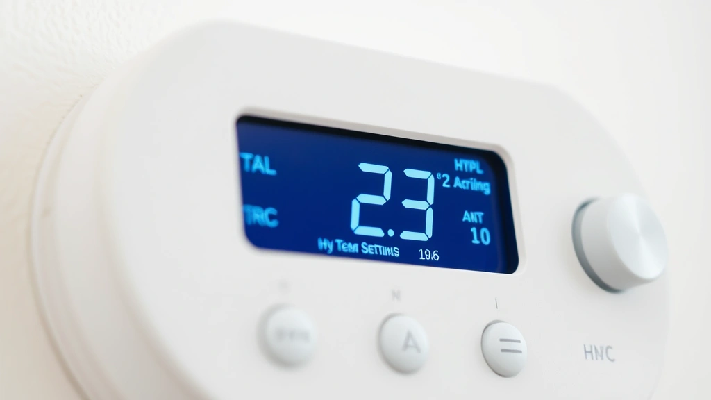how to choose heating and air conditioning system -
Photorealistic close-up macro photography of HVAC thermostat display screen sho