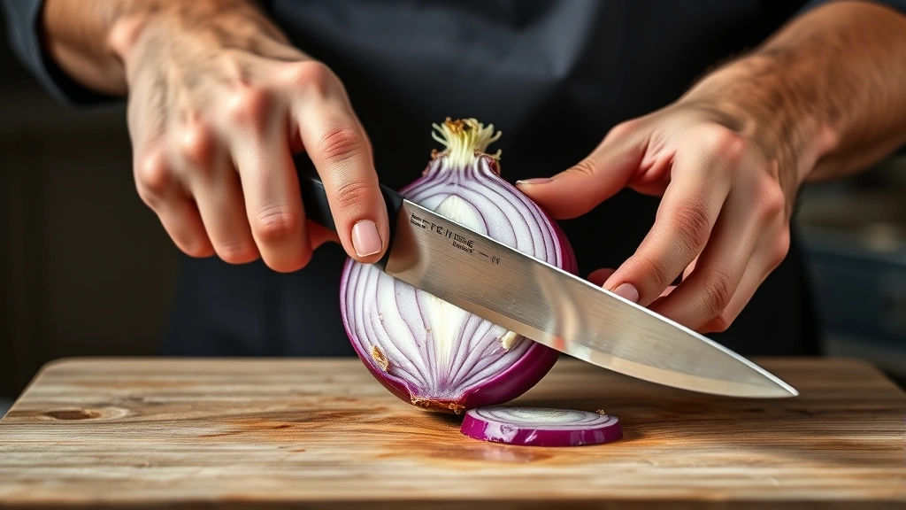 how to chop an onion -
Photorealistic hands working showing someone using the claw grip technique to h