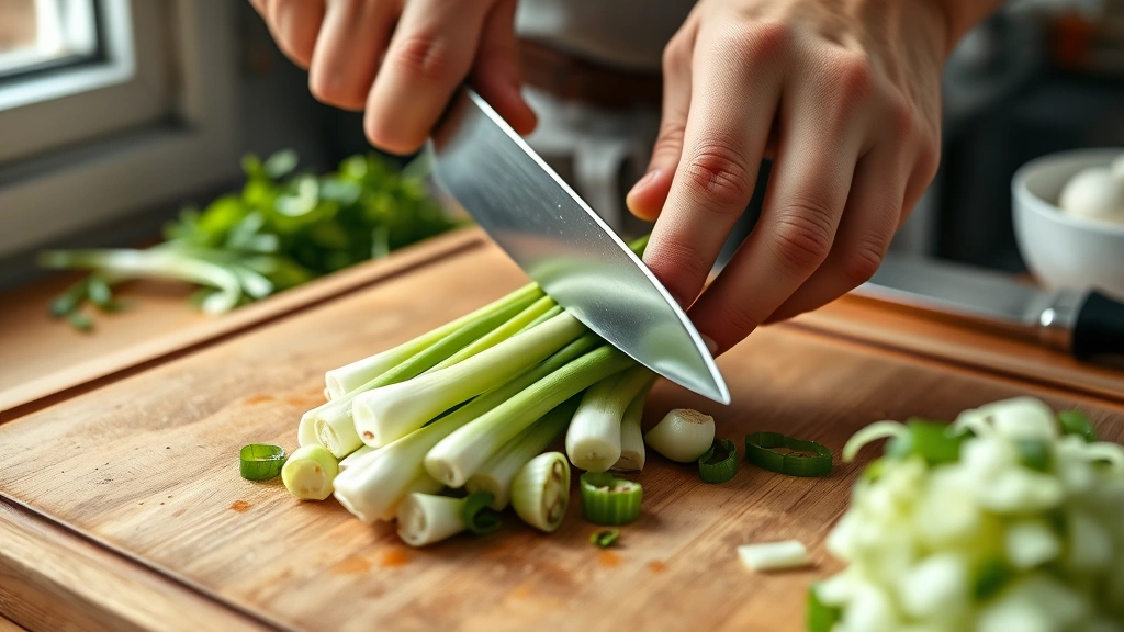 how to chop green onions -
Photorealistic hands working: Close-up of experienced hands using a sharp chef&