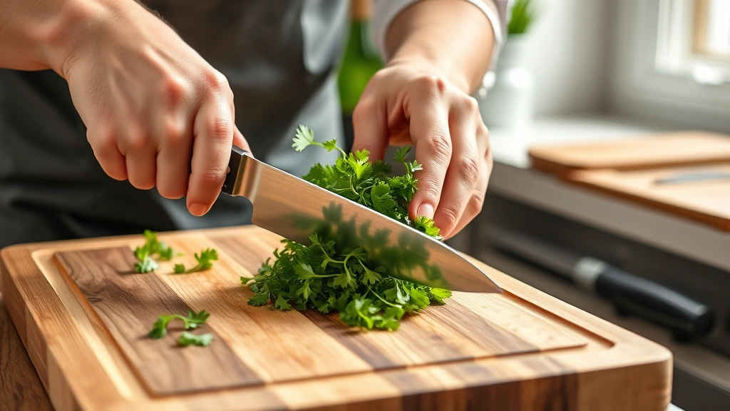 how to chop parsley -
photorealistic hands working with a sharp chef’s knife using rocking moti