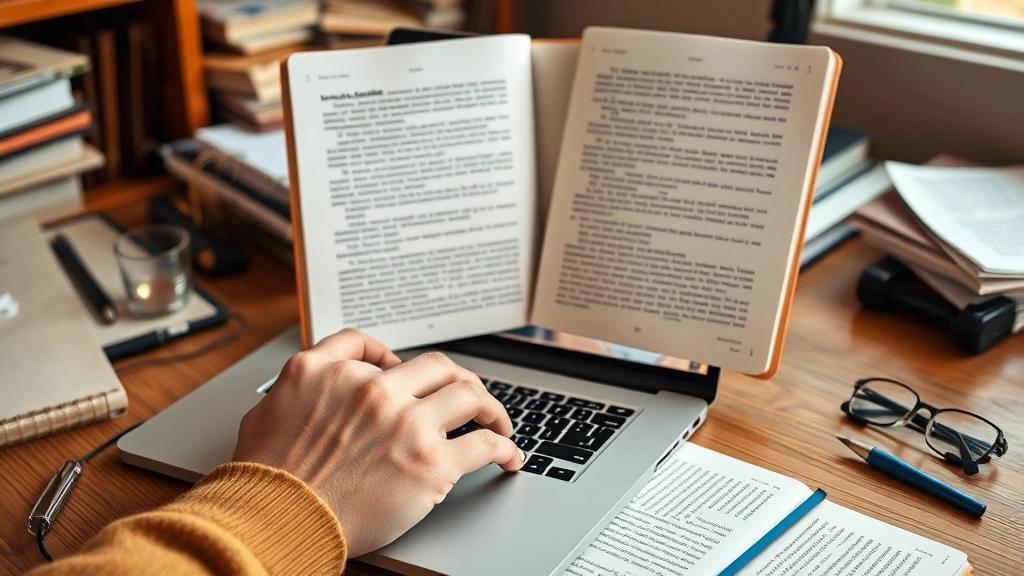 how to cite an article mla -
Photorealistic hands typing on laptop keyboard while reviewing printed article 