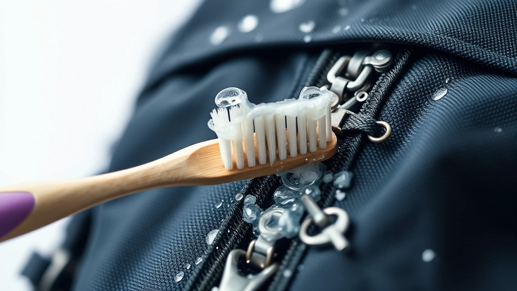 how to clean a backpack -
Photorealistic close-up macro photography of backpack zipper being cleaned with