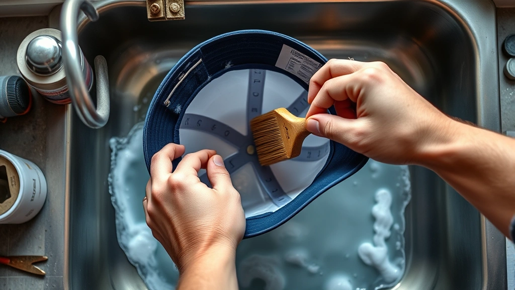 how to clean a baseball cap -
Photorealistic hands working with soft-bristled brush gently scrubbing the swea